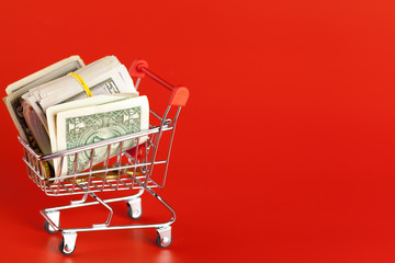 Shopping cart with dollars inside