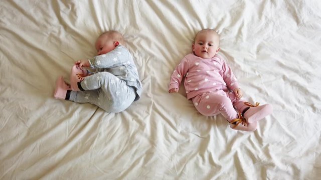 Adorable six months old baby twins in bed at home. Cute kids twins on bed. 