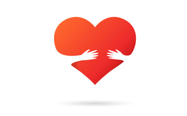 Heart isolated on a white background. Red color. Love symbol. Charity and donation. Hands reaching to each other. Hold love. Valentine's day. Icon or logo. Cute design. Flat style vector illustration.