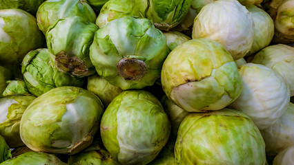 Close-up shots of green and white cabbage sold in the market.