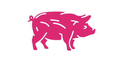 Pig logo. Farm template. Simple cartoon design icon, emblem. View from side, profile. Realistic silhouette. Flat style vector illustration.