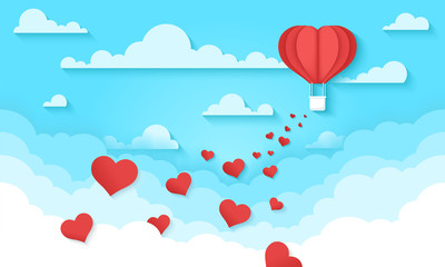 Fototapeta na wymiar Red heart hot air balloon flying. Love background. Valentine's day. Holiday card. Aerostat in the sky with clouds. Cute paper cut design. Beautiful romantic origami. Flat style vector illustration.