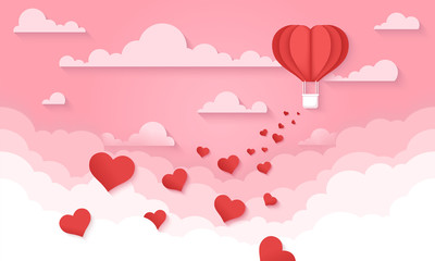 Red heart hot air balloon flying. Love background. Valentine's day. Holiday card. Aerostat in the sky with clouds. Cute paper cut design. Beautiful romantic origami. Flat style vector illustration.