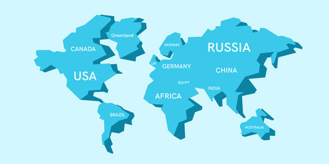 World map isolated. Low poly stylized map. Simple cartoon design. Simplified minimal style. Blue color. Flat style vector illustration.