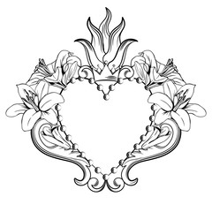 Sacred heart of Jesus. Beautiful ornamental heart with lilies, crown in black color isolated on white background. Vector illustration