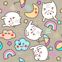 Kawaii style Seamless Pattern Background with cute clouds, stars, rainbow and moon.