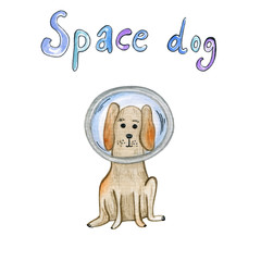 watercolor illustration with space dog.  Astronomical illustration