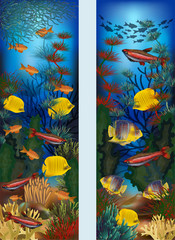 Underwater vertical banners with algae and tropical fish, vector illustration