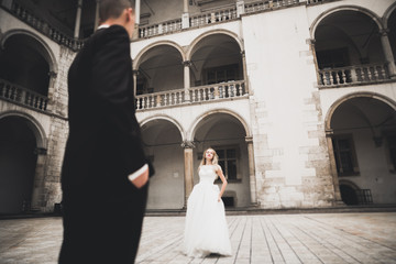 Lovely happy wedding couple, bride with long white dress