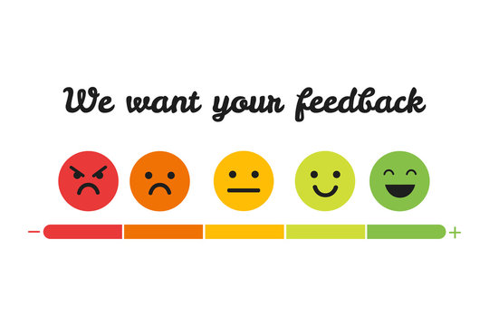 We want your feedback. Badge, stamp with happy and unhappy faces icons. Flat vector illustration on white background.