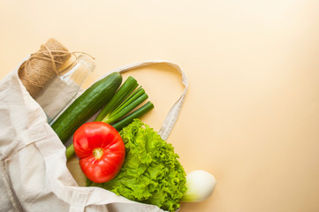 Fresh fruits and vegetables in eco bag on beige color background with copyspace. Plastic waste concept.