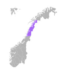 Vector isolated simplified illustration with grey silhouette of Norway, violet contour of Nordland