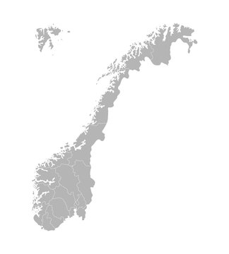 Vector isolated simplified illustration with silhouette of Norway, grey contours of regions.