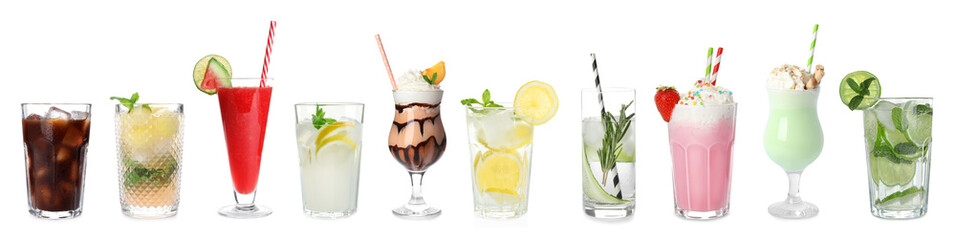 Set of different delicious cocktails on white background
