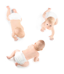 Set of cute little baby crawling on white background, top view