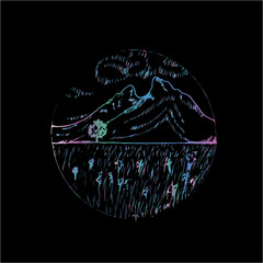 Fototapeta premium Neon illustration with a landscape - meadow, tree, mountains, beautiful sky.