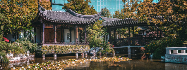 Pagoda and pond at the Lan Su Chinese Garden, in Portland, Oregon