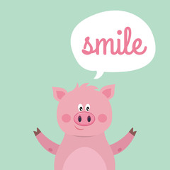 Beautiful card with cartoon pig and text cloud on blue background. Vector banner in flat style.