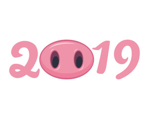 Vector illustration, Happy New Year 2019 funny card design with cartoon pigs face.