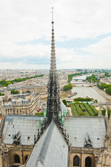 The spire of Notre-Dame Cathedral (Cathedrale Notre-Dame de Paris) from above. Paris. France