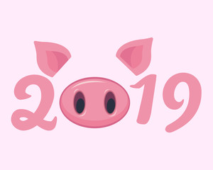 Vector illustration, Happy New Year 2019 funny card design with cartoon pigs face.