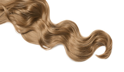Lock of brown wavy hair on white background, top view
