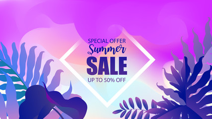 The inscription Summer sale in watercolor with tropical plant background. Web banner or poster for e-commerce, online shop, fashion & beauty shop, store.