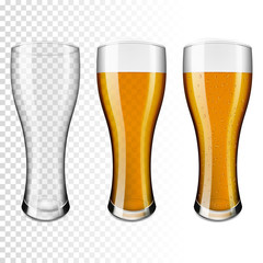 Glass of beer and empty beerglass, isolated on transparent background. 
