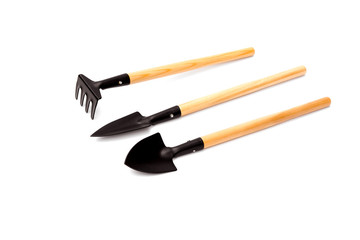 Set of garden tools isolated on white background and clipping path. shovel, rake.
