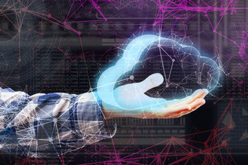 persons hand hold glowing cloud, data information digital storage concept b