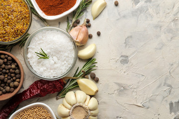 herbs and spices. various seasonings, herbs and spices on a light concrete background. top view. place for text. free space