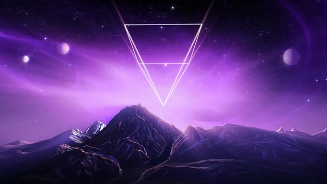 80s retro futuristic loop. Rotating neon wireframe pyramid, aurora lights and  planets in night sky with twinkling stars, above snowy mountains. Purple version.