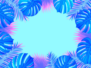 Fototapeta na wymiar Tropical frame with exotic jungle plants, palm leaves, monstera and place for your text. Folliage background. Vector tropic design.Trendy bright gradient colors. Travel, summer, spring, vacation card.