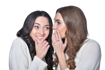 Close-up portrait of two female friends sharing secrets isolated