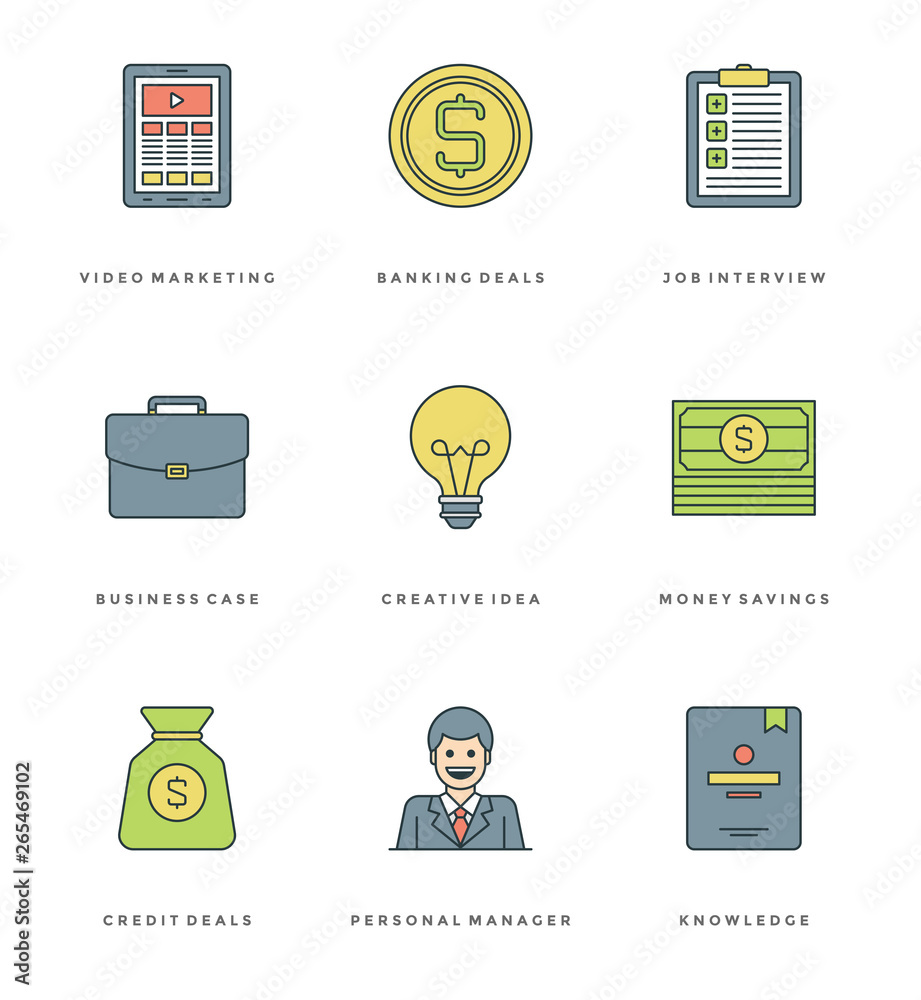 Poster flat line simple icons set. thin linear stroke vector icons essentials objects concept.