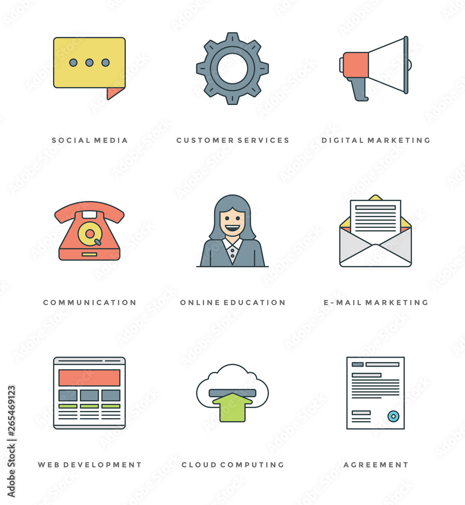 Poster flat line simple icons set. thin linear stroke vector icons essentials objects concept.