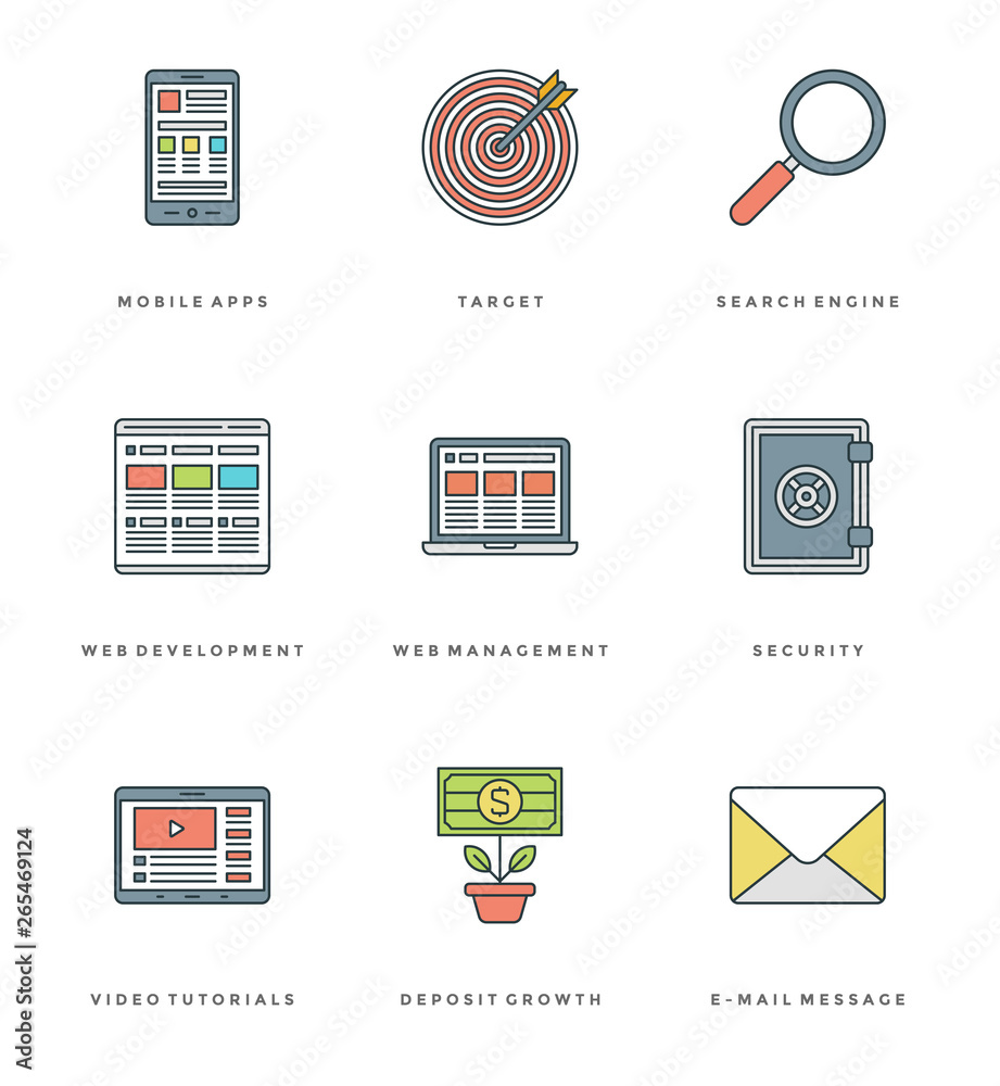 Poster flat line simple icons set. thin linear stroke vector icons essentials objects concept.