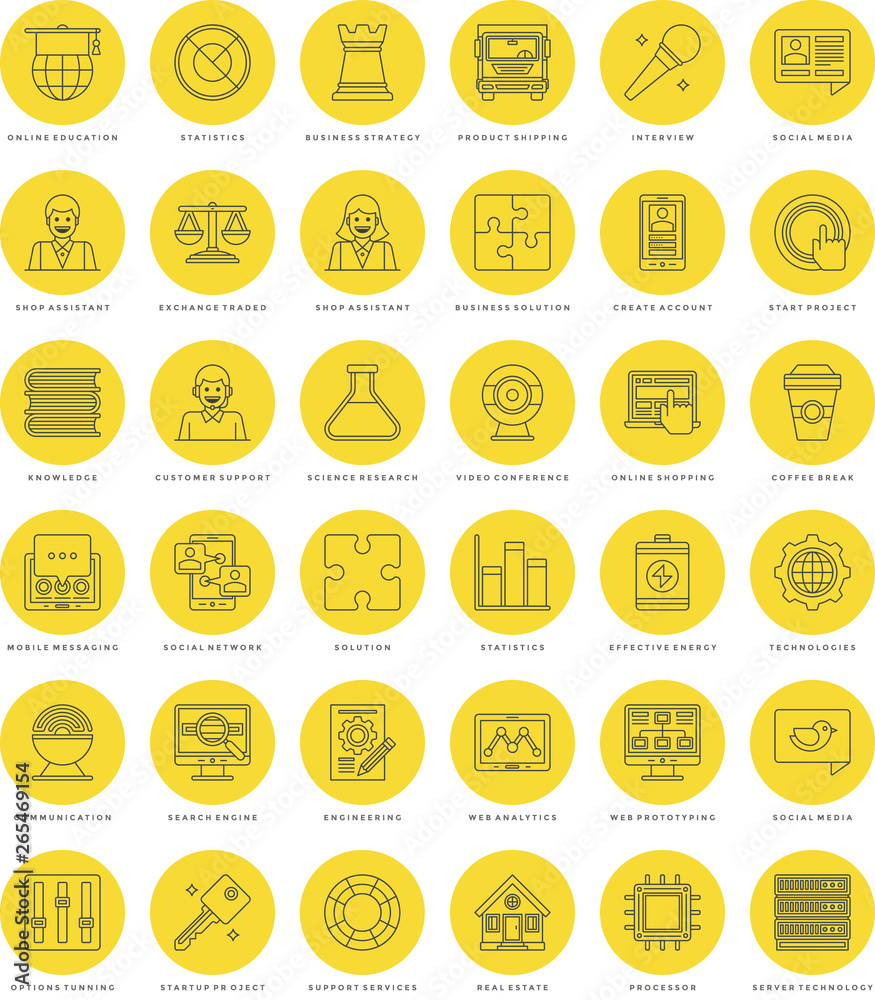 Poster flat line simple icons set. thin linear stroke vector icons essentials objects concept