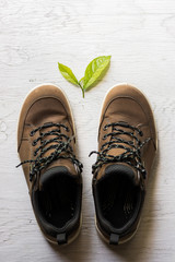 Close up vintage leather shoes man accessory. Men's casual outfits with accessories on rustic wood background.