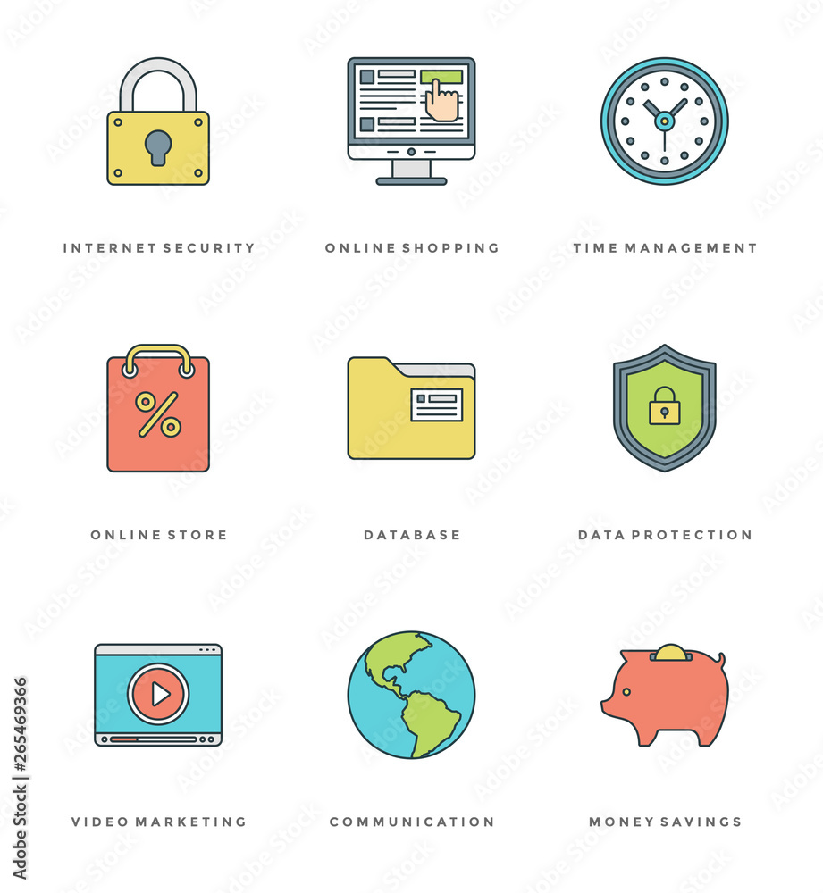 Poster flat line simple icons set. thin linear stroke vector essentials objects symbols.