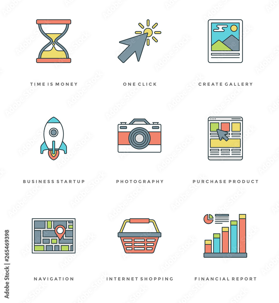 Poster flat line simple icons set. thin linear stroke vector essentials objects symbols.