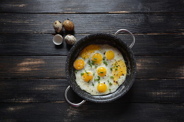 Fried quail eggs in a pan for breakfast. Healthy organic food