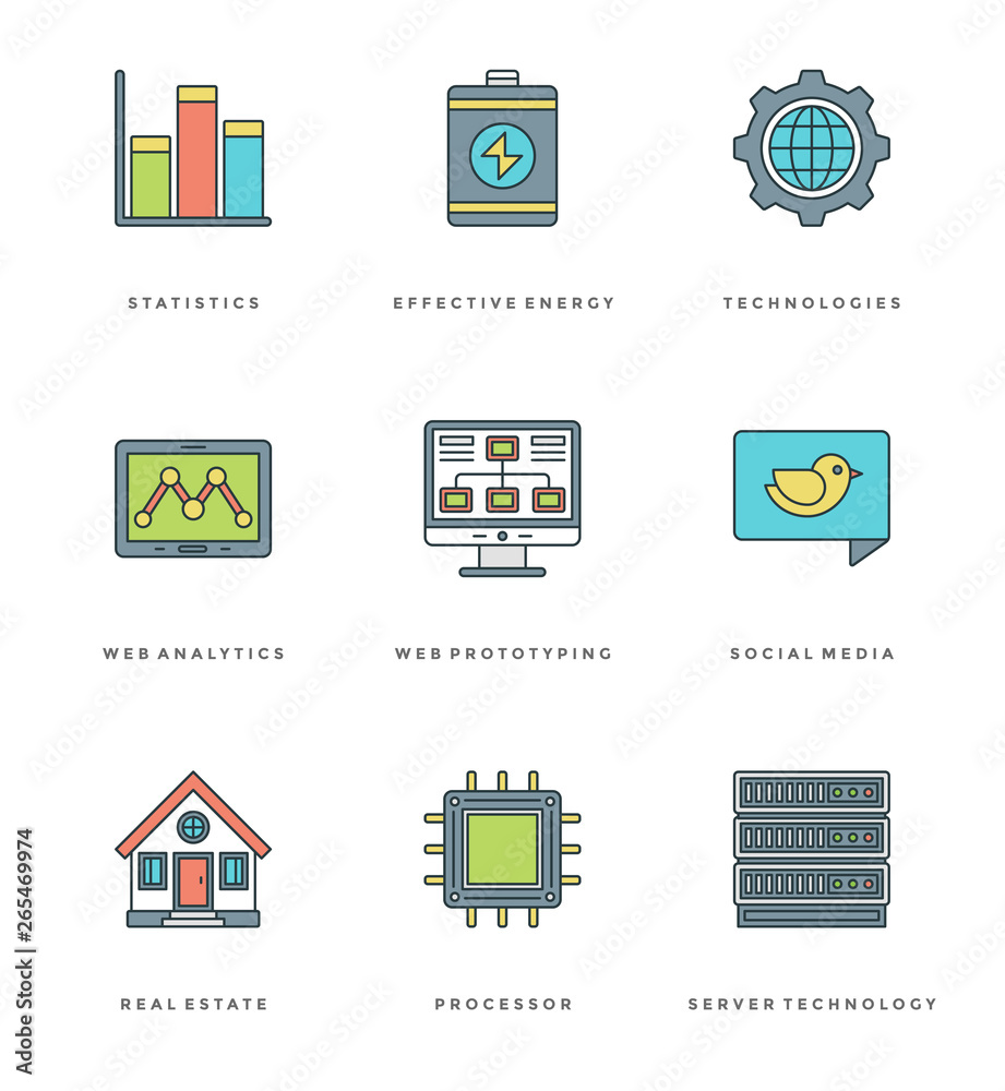 Poster flat line simple icons set. thin linear stroke vector essentials objects symbols