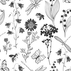 Wild flowers and insects. Seamless vector pattern with lilies of the valley, chamomile,flowers bluebells,butterflies, dragonflies and bees. Black and white nature background.