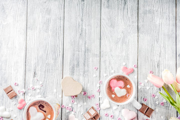 Valentines day hot chocolate with marshmallow hearts - obrazy, fototapety, plakaty