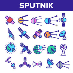 Orbital Sputnik Linear Vector Icons Set. Sputnik Thin Line Contour Symbols. Cosmos Exploration, Astronautics Pictograms Collection. Satellite Dish, Space Shuttle, Radar Tower Outline Illustrations