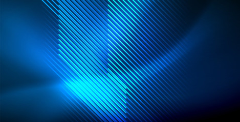 Neon glowing techno lines, blue hi-tech futuristic abstract background template with lights