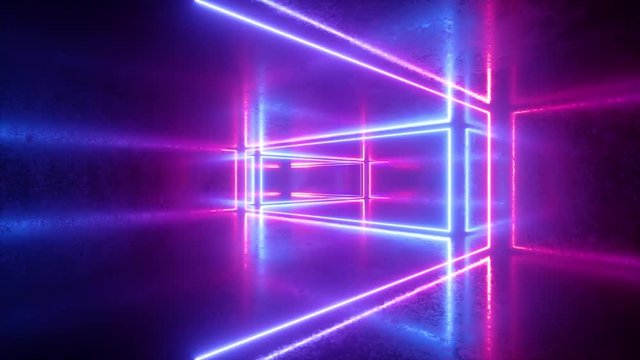 abstract background, neon frames, flight forward inside endless tunnel, ultraviolet light, pink blue glowing lines, looped animation