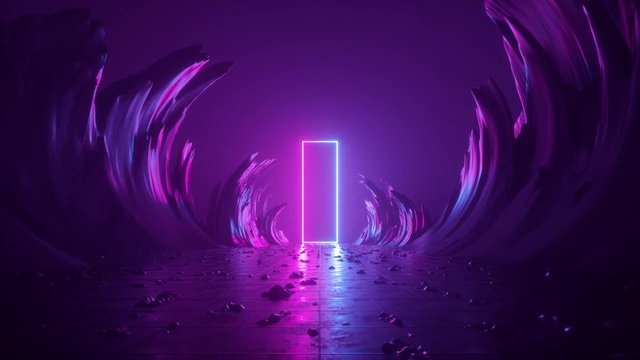 3d abstract background, neon light, extraterrestrial landscape scene, meteor shower, falling stars, flight forward through corridor of rocks, virtual reality, outer space, speed of light, fireworks