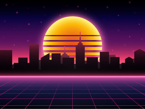 80s Retro Sci-Fi Background with Night City Skyline. Vector futuristic synth retro wave illustration in 1980s posters style. Suitable for any print design in 80s style.